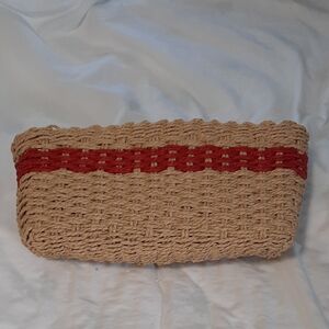 Woven Tan and Red Straw Basket